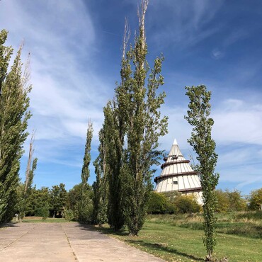 Platz umgeben von Säulenpappeln. Im Hintergrund sieht man den Jahrtausendturm.
