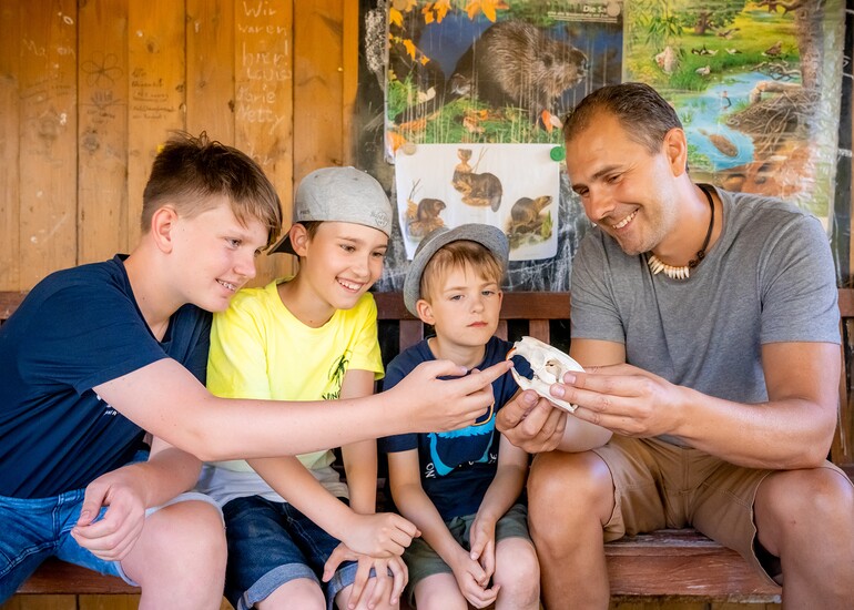 Der Mitarbeiter des Elbauenparks zeigt den Kindern anhand eines Biber-Skeletts die Lebensweise der nützlichen Nager.